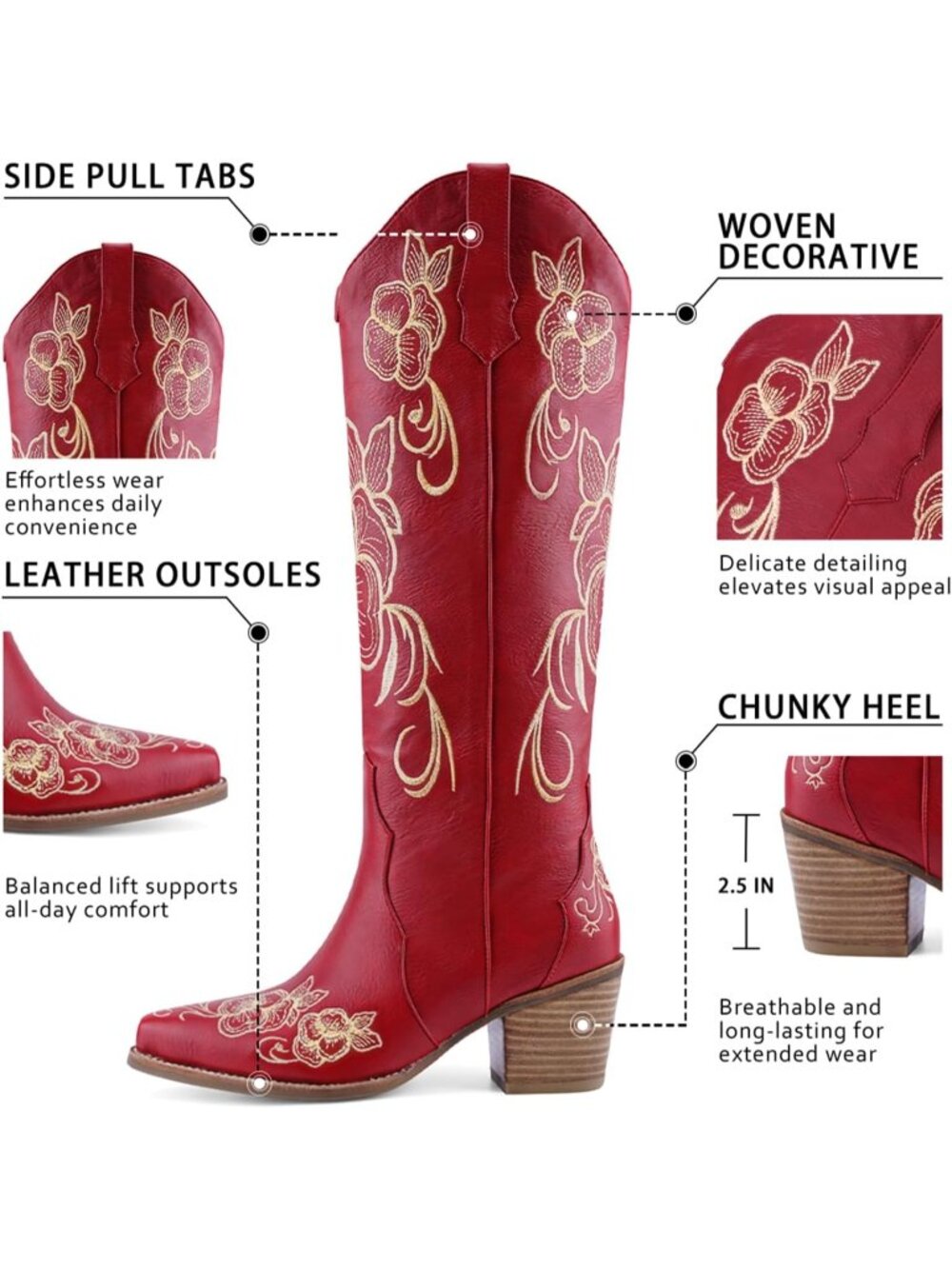 Women Red Faux Leather Cowgirl Western Pointed Toe Chunky Block Heel - Picture 4 of 6